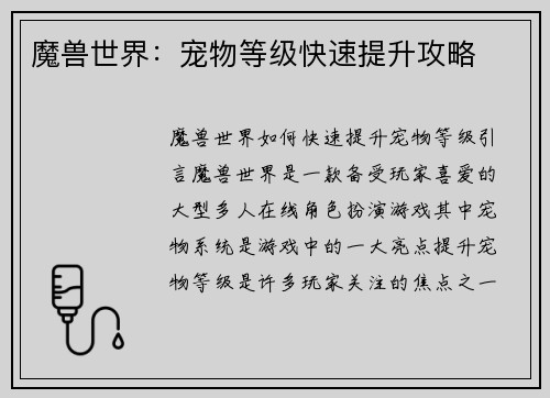 魔兽世界：宠物等级快速提升攻略